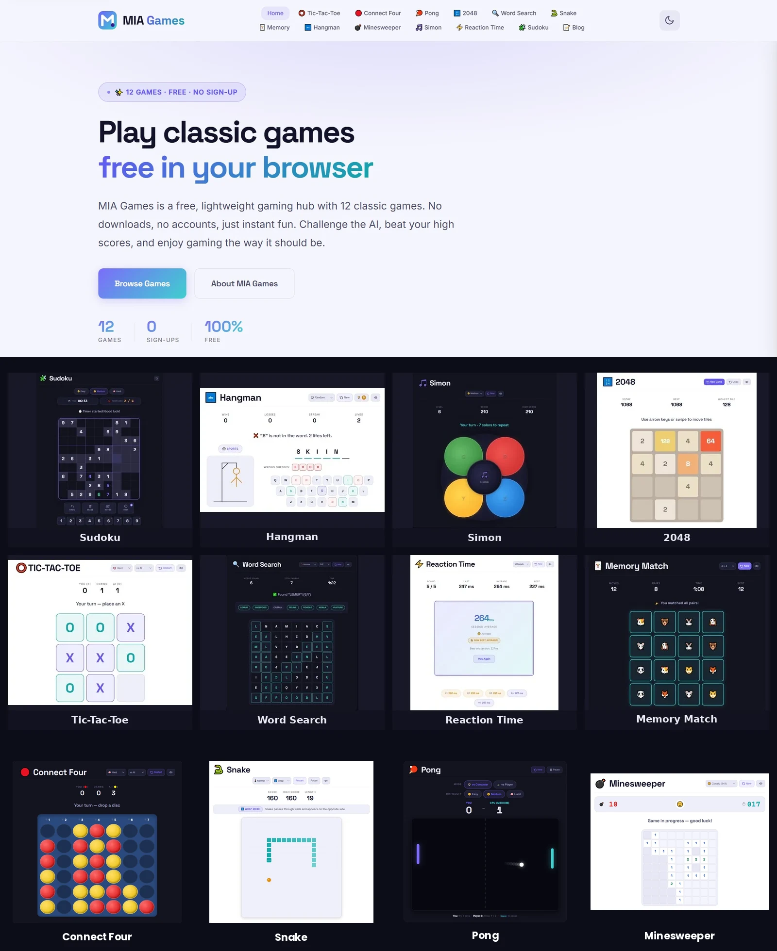 Collage of the MIA Games homepage and all 12 games in play: Sudoku, Hangman, Simon, 2048, Tic-Tac-Toe, Word Search, Reaction Time, Memory Match, Connect Four, Snake, Pong, and Minesweeper