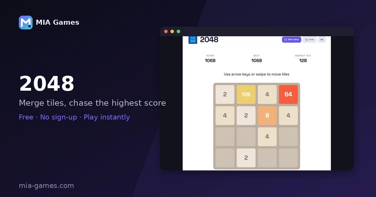 Screenshot of the 2048 puzzle game being played on MIA Games