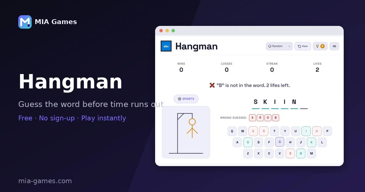 Screenshot of Hangman being played on MIA Games