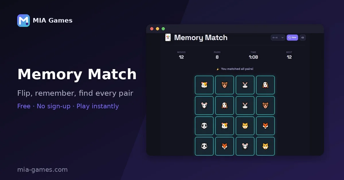 Screenshot of Memory Match being played on MIA Games