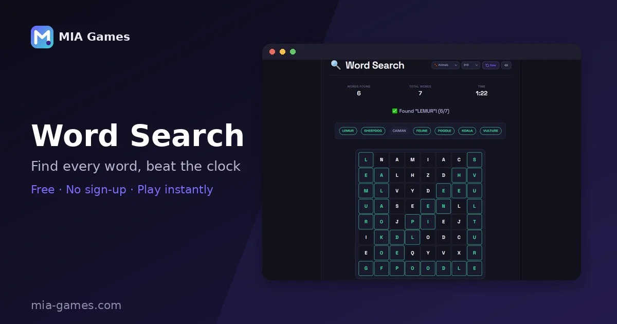 Screenshot of Word Search being played on MIA Games